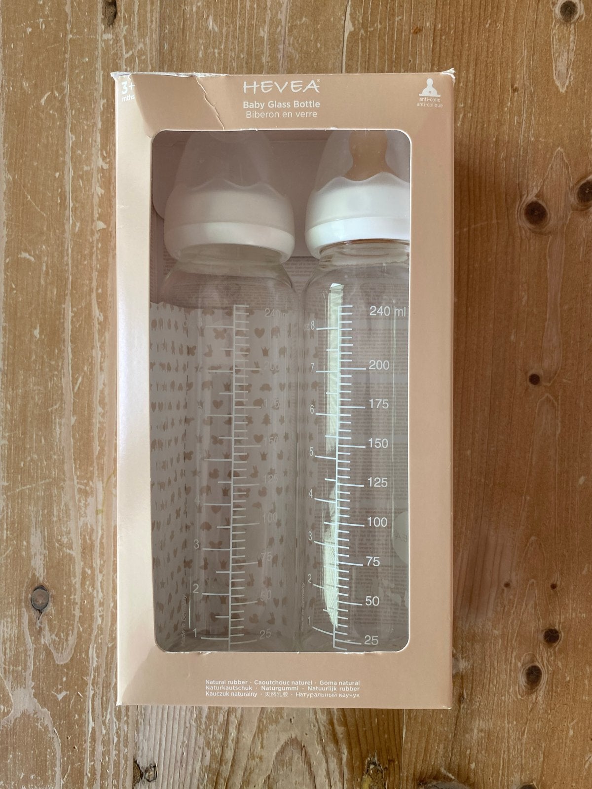 HEVEA Baby Glazen Flessen 240 ml - Set van 2, Kinderen en Baby's, Babyvoeding en Toebehoren, Zo goed als nieuw, Babyfles, Overige merken