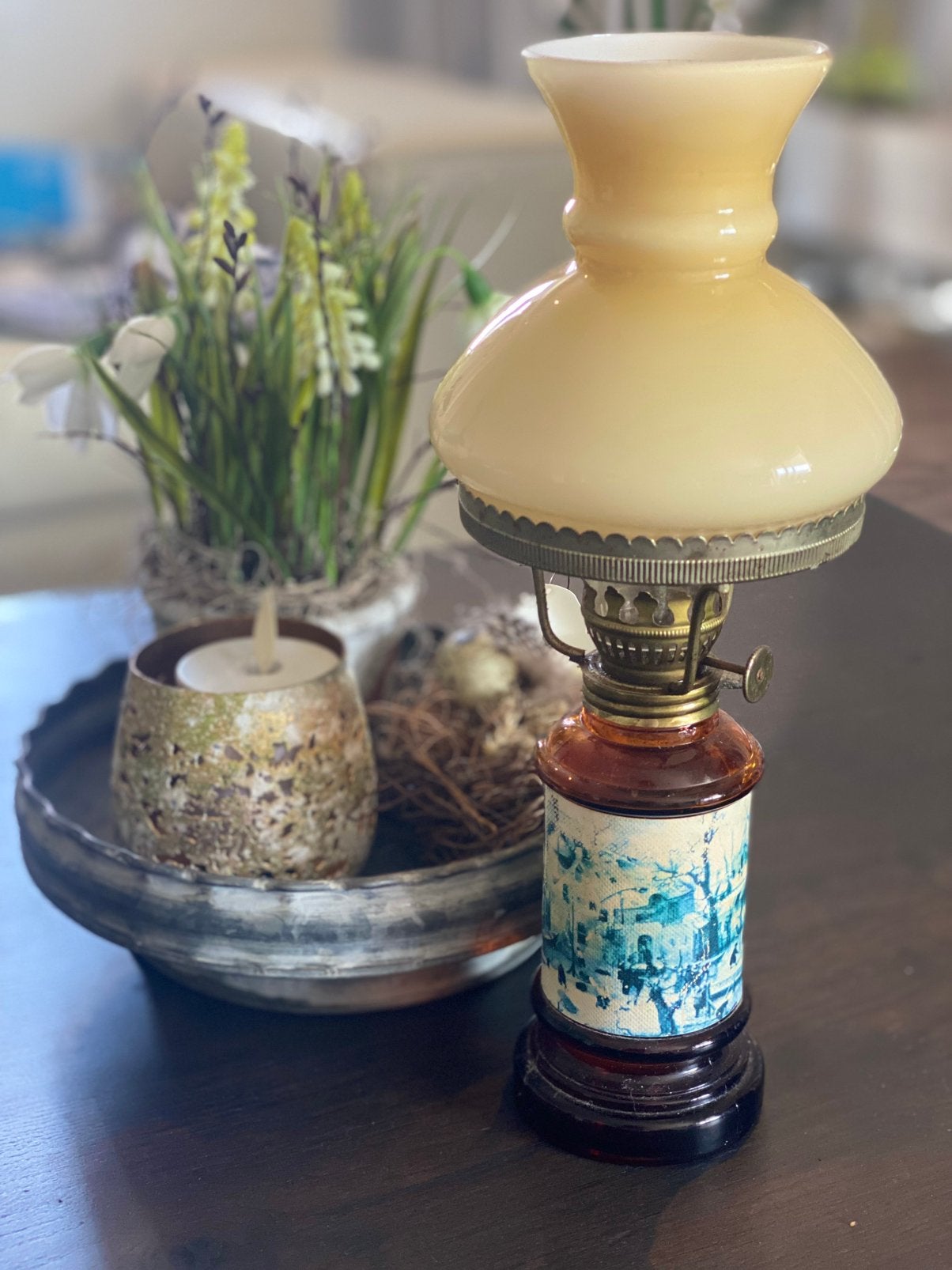 Antiek olielampje met Delfts blauw decor!, Ophalen of Verzenden