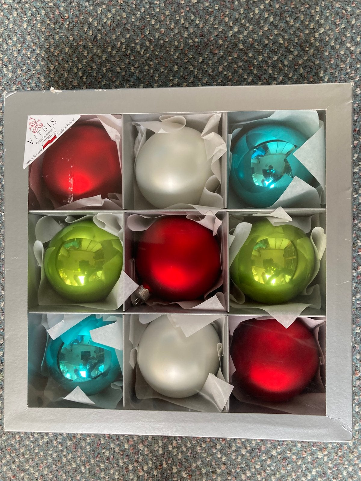 Nieuw in doos 9 gekleurde glazen kerstballen Vitbis Polen, Ophalen of Verzenden, Nieuw