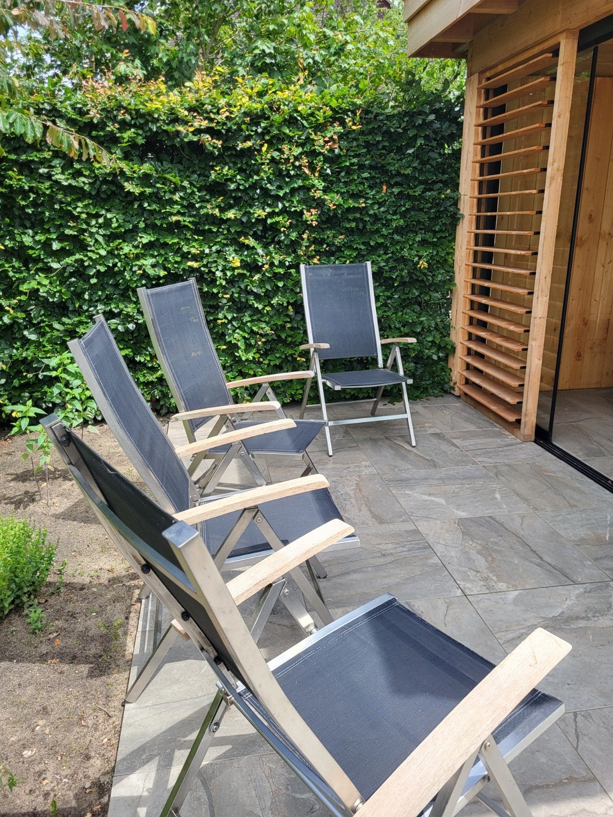 4x verstelbare tuinstoelen RVS/teak/textileen met kussens, Tuin en Terras, Tuinstoelen, Gebruikt, Rvs, Verstelbaar, Ophalen