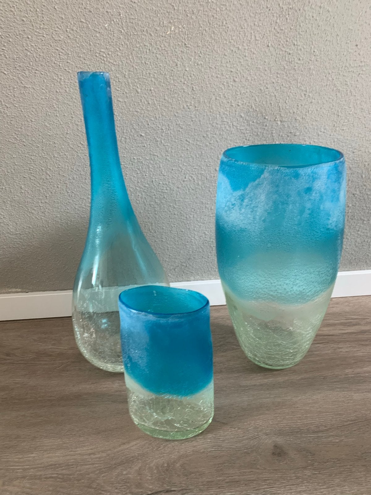 Set van 3 glazen vazen met craquelé en blauw-turquoise, Handgemaakt, Blauw, Ophalen of Verzenden, Glas