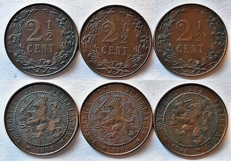 3 halve stuivers Wilhelmina 1904, 1905 en 1906, Verzenden, Koningin Wilhelmina