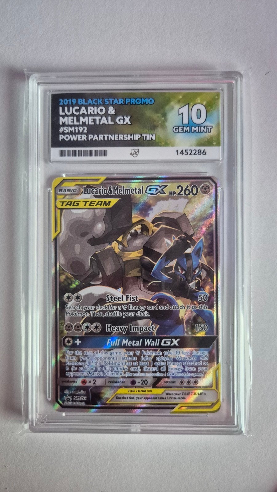 Lucario & Melmetal GX sm192 Ace 10, Ophalen of Verzenden, Zo goed als nieuw, Losse kaart, Foil