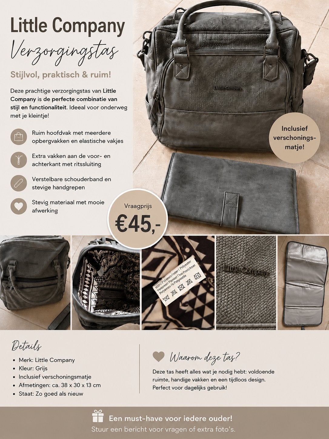 Little Company Verzorgingstas Grijs - Zo goed als nieuw, Kinderen en Baby's, Luiertassen, Little Company, Extra vakken, Zo goed als nieuw