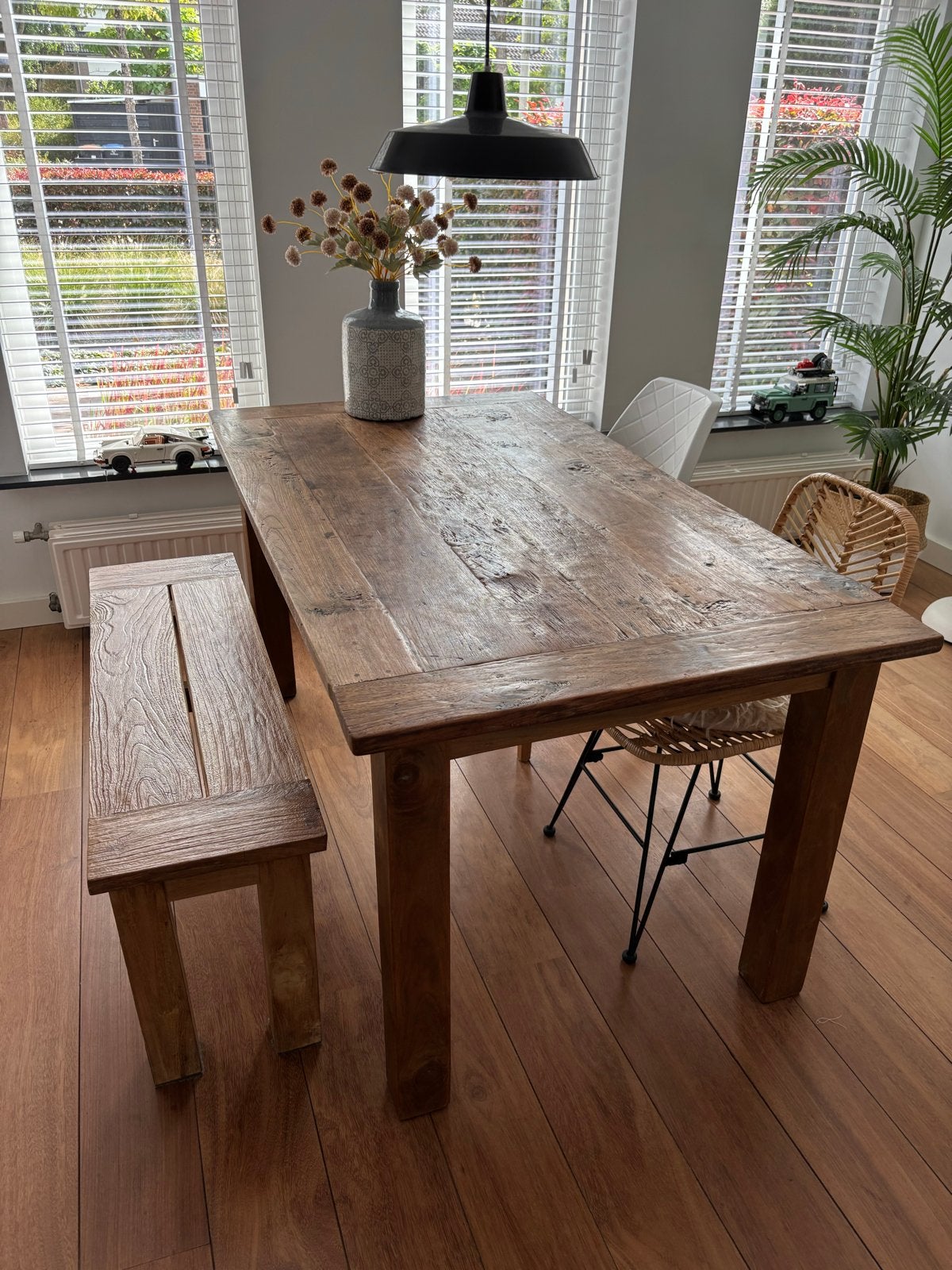 Robuuste Teakhouten Eettafel met Bank - 160x80 cm, Ophalen, Gebruikt, Teakhout, 50 tot 100 cm