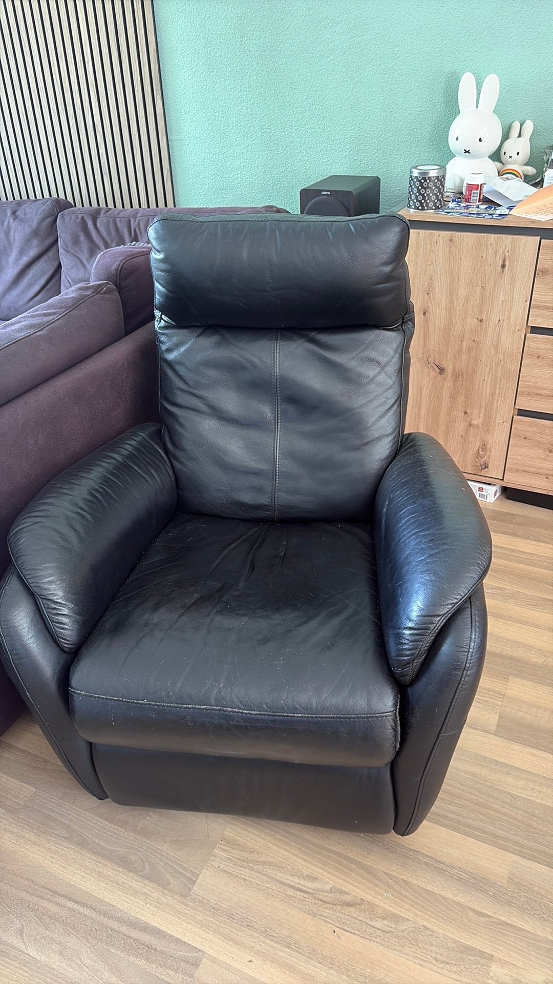 Leren leunstoel (zwart), Ophalen, Gebruikt, Leer, 75 tot 100 cm