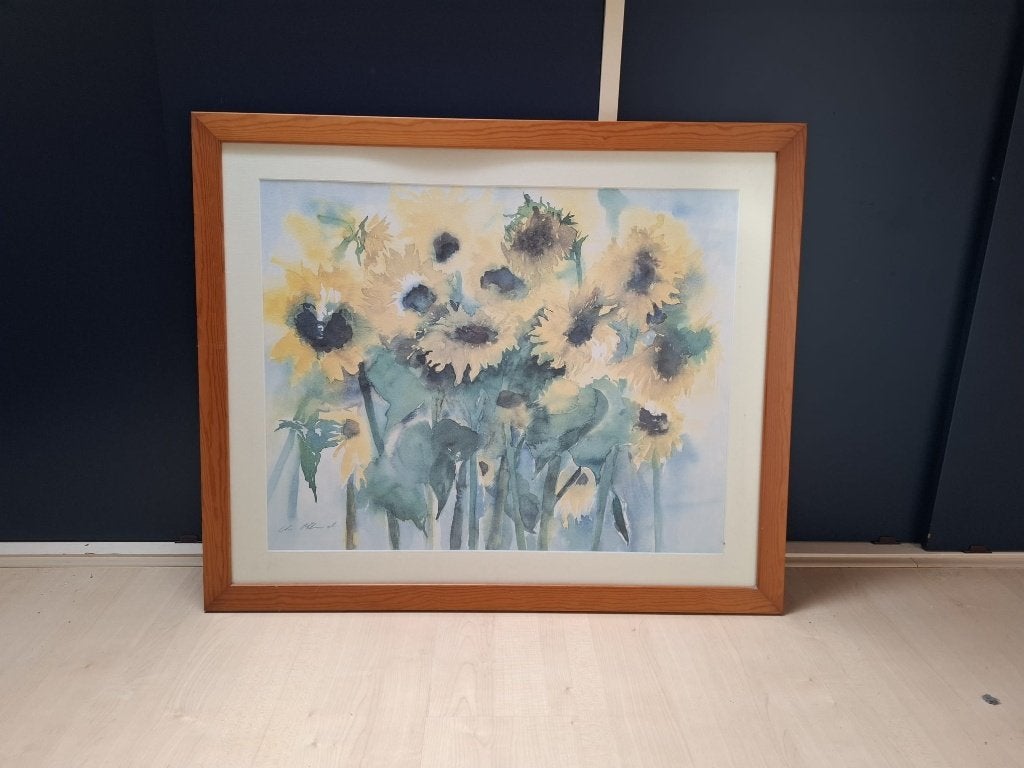 Schilderij zonnebloemen | in houten lijst (89 x 74 cm), Ophalen, Ingelijst, Bloemen