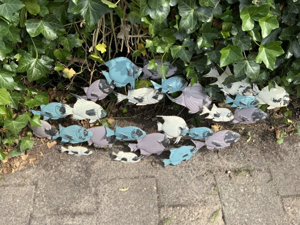 Wandsculptuur vissen muurdecoratie, Metaal, Wandsculptuur, Gebruikt, Meerkleurig