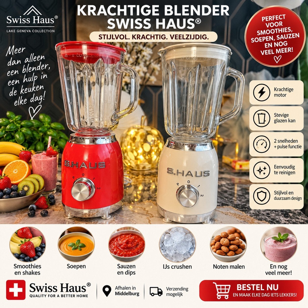Swiss Haus Blender – Rood & Crème – Nieuw, Verzenden, Nieuw, Blender