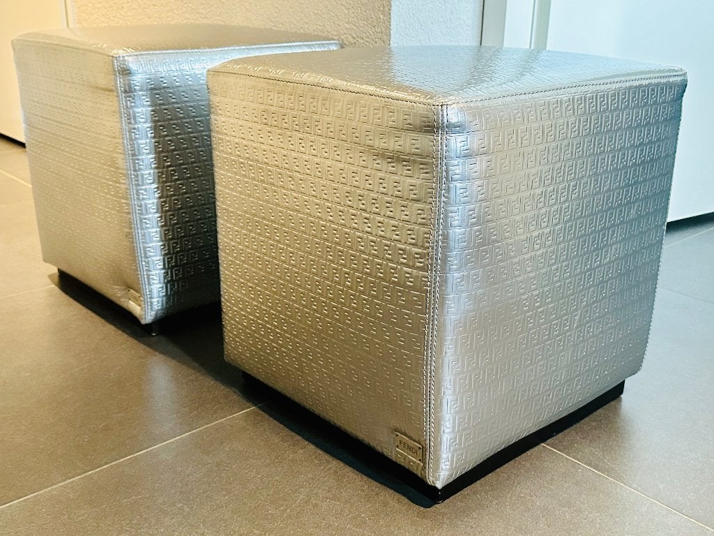 Fendi Casa ottoman hocker kruk silver printed FF- leder set, Ophalen, Zo goed als nieuw, Overige materialen