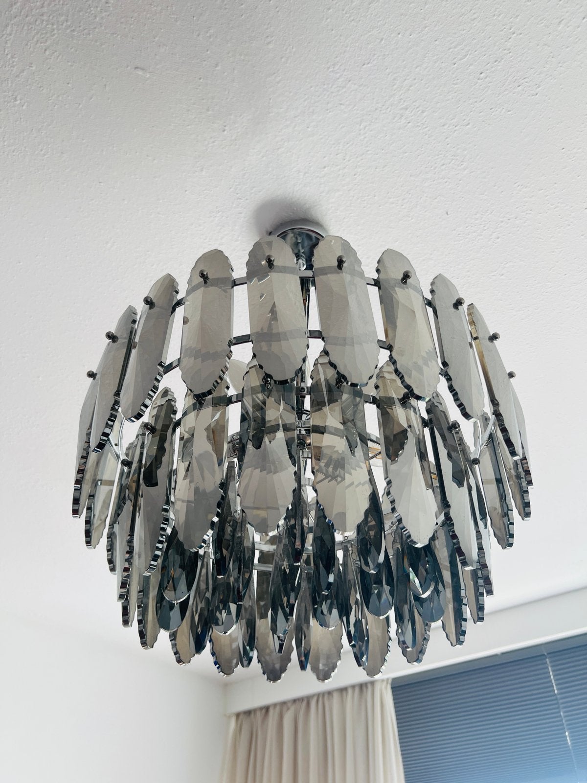 Kroonluchter staal/glas - zilverkleurig - 5 lichtbronnen, Ophalen, Zo goed als nieuw, Glas, E14 (klein)