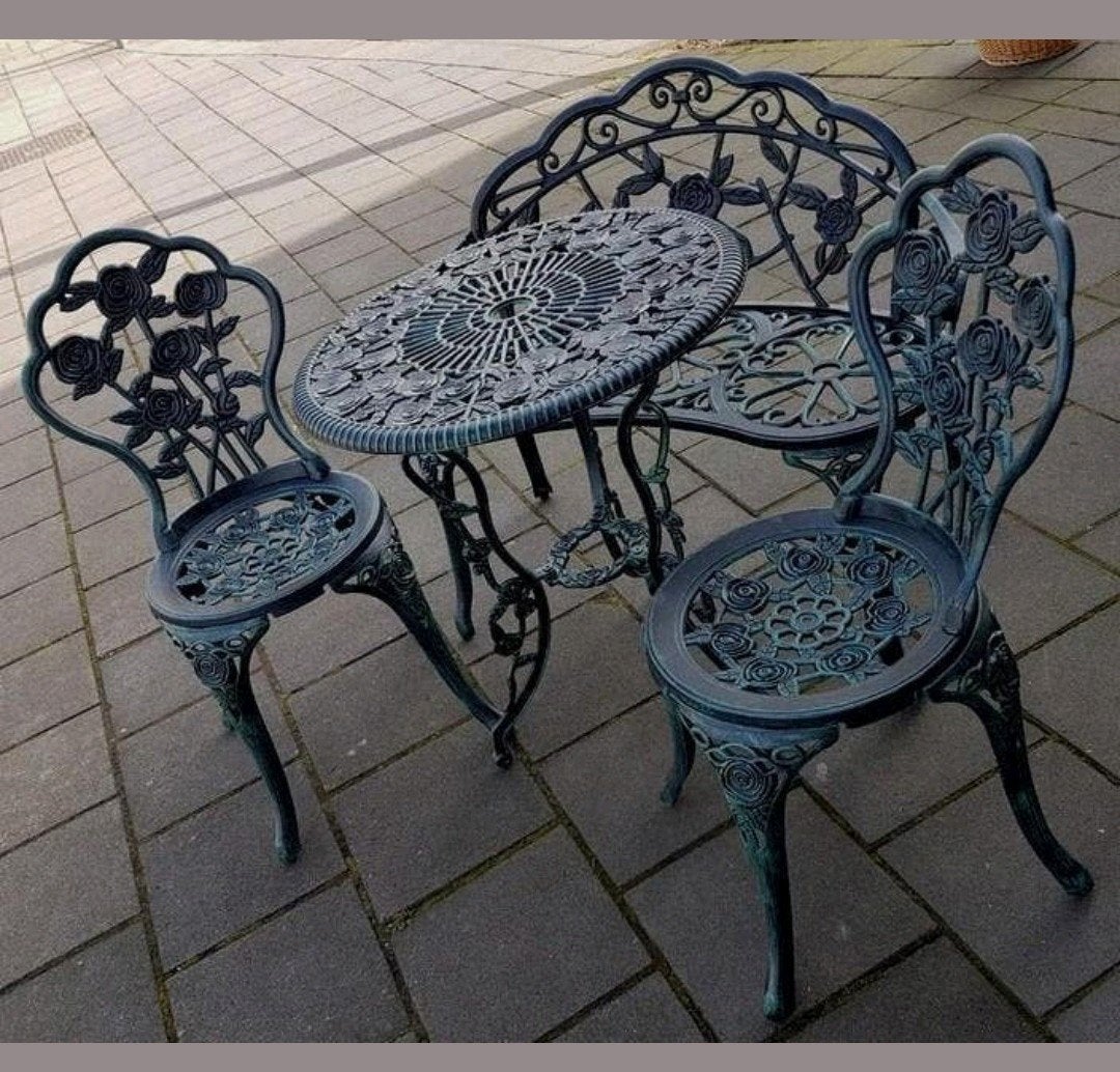 Antieke bistroset aluminiumijzeren tuinset met rozenmotief, Tuin en Terras, Ophalen of Verzenden, Gebruikt
