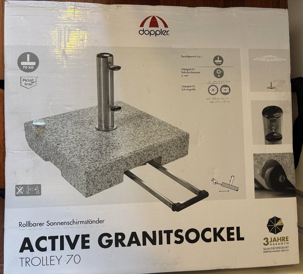Doppler Granieten Parasolvoet / Granite Parasol Base 70 kg, Tuin en Terras, Zonneschermen, Ophalen, Gebruikt, Overige typen, Minder dan 250 cm
