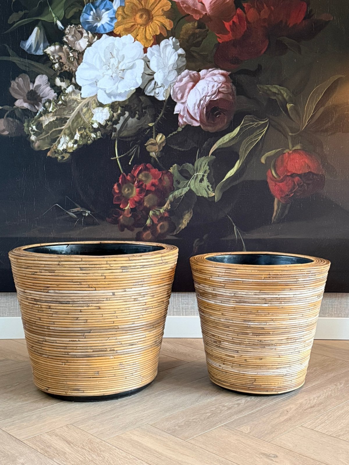 Te koop 2 mooie VDL Drypotten - rotan naturel, Ophalen, Overige materialen, Gebruikt, Minder dan 60 cm
