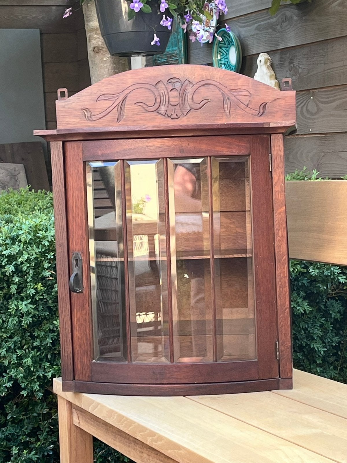 Brocante eiken vitrinekastje, Ophalen, 50 tot 100 cm, Zo goed als nieuw, Minder dan 100 cm