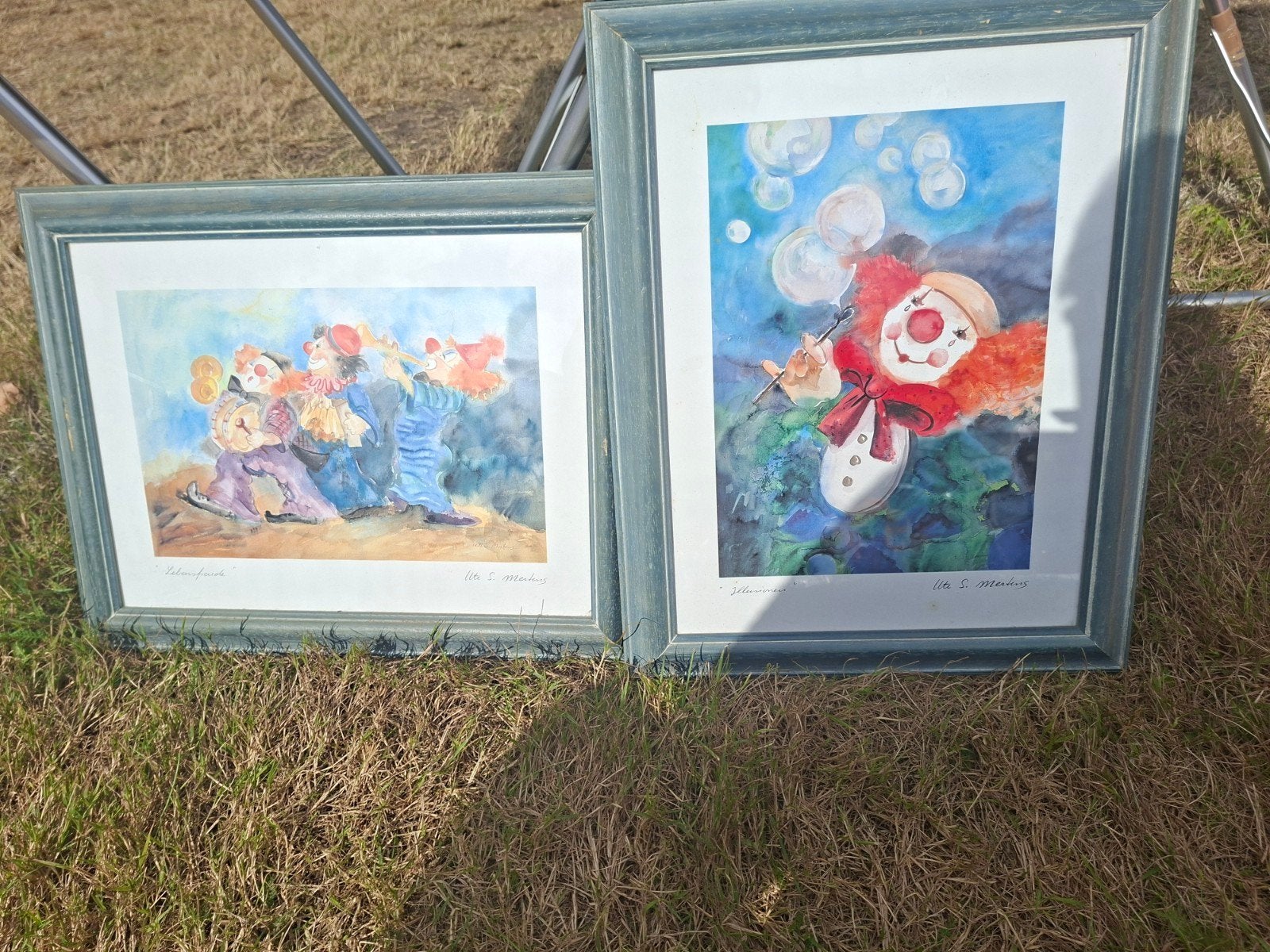 2 Schilderijtjes - Clowns met Bellen en Muziek, Antiek en Kunst, Realistisch, Ophalen of Verzenden, Aquarel, Overige onderwerpen