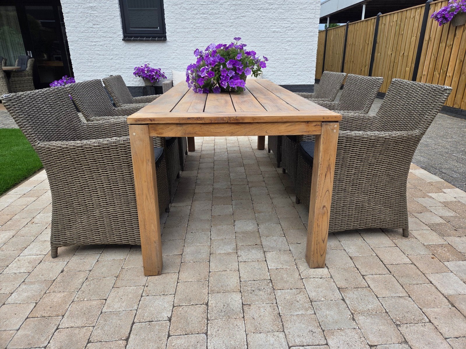 Mooie tuinset met 6 stoelen en hardhouten tuintafel, Ophalen, Gebruikt, Hardhout, 6 zitplaatsen