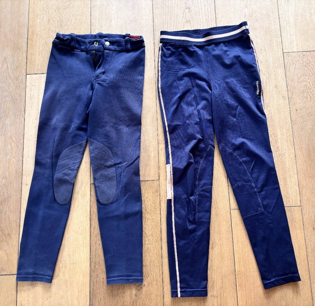 2 Paardrijbroeken + vest, warm + zomer, 8-10 jaar, Fouganza, Dieren en Toebehoren, Paardrijkleding, Blauw, Gebruikt, Kinderen