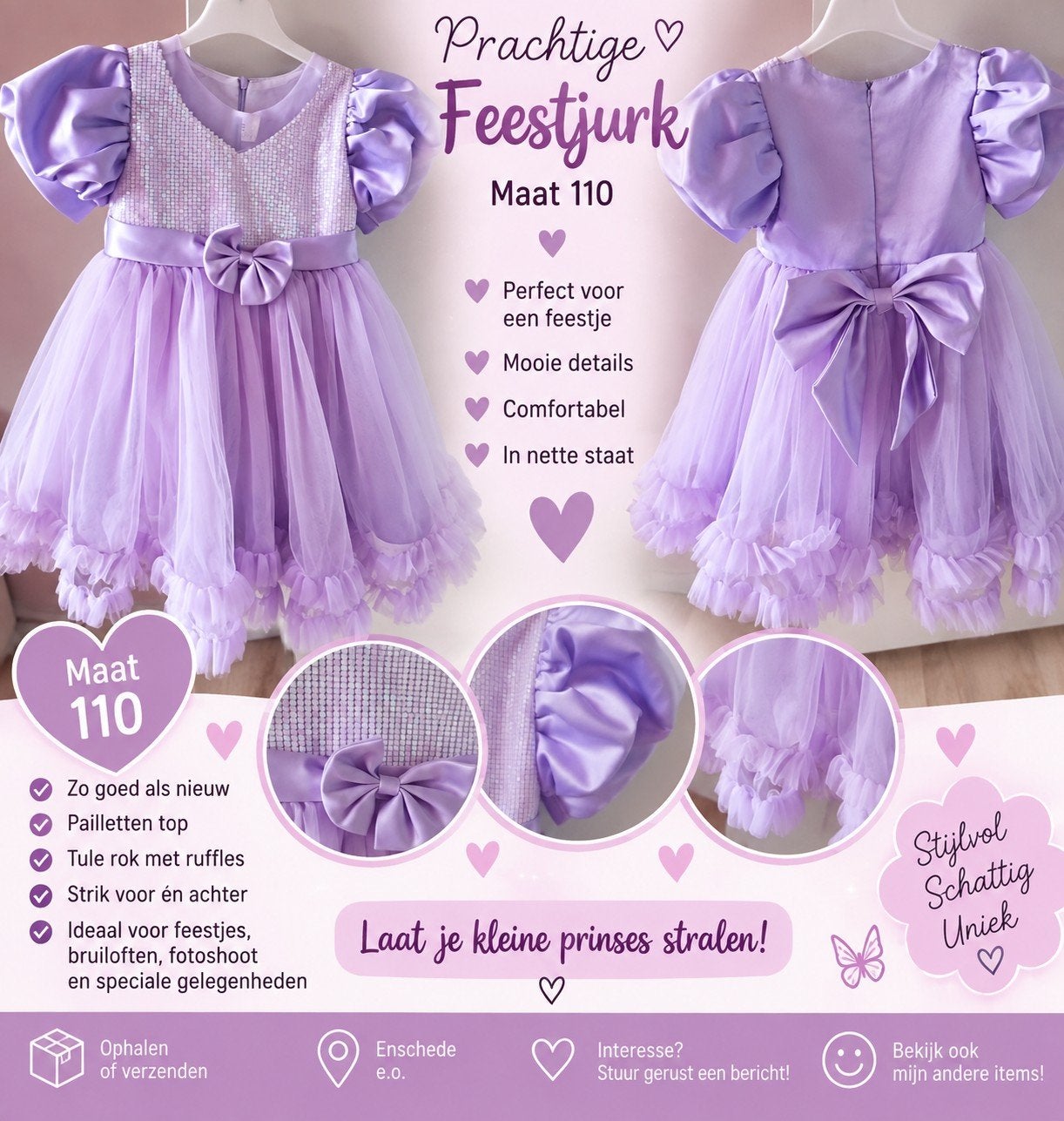 Lila Feestjurk Meisje Maat 110 - Glanzend & Tule, Ophalen of Verzenden, Zo goed als nieuw, Meisje