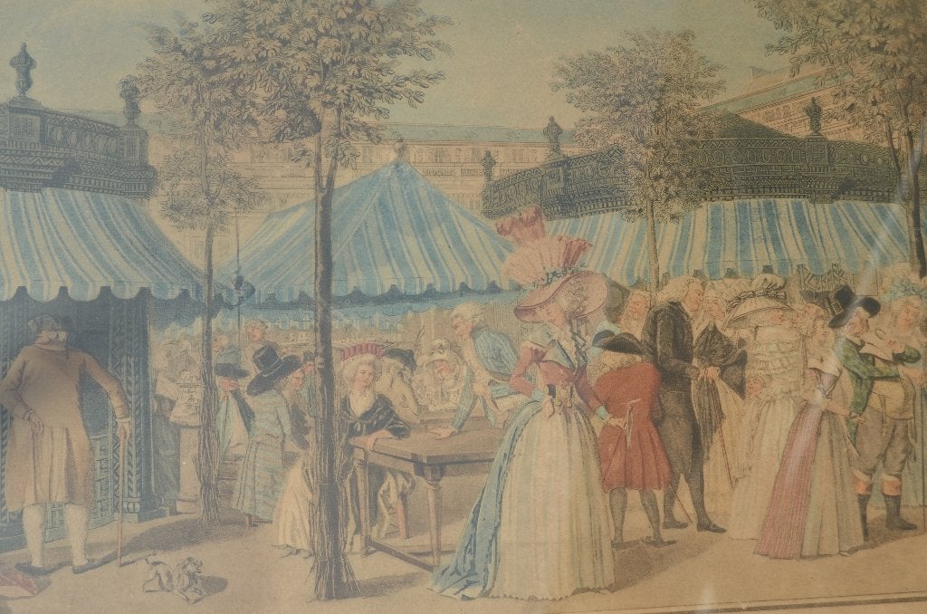 Franse gravure/ets ca 1787 'The Palais Royal Garden's Walk', Antiek en Kunst, Kunst | Etsen en Gravures, Dagelijks leven, 63 cm