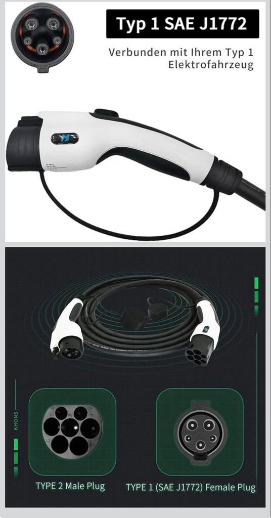 EV laadkabel Type 2 naar Type 1, 32A, 5m, Auto-onderdelen, Elektronica en Kabels, Ford, Honda, Peugeot, Toyota, Mitsubishi, Chevrolet