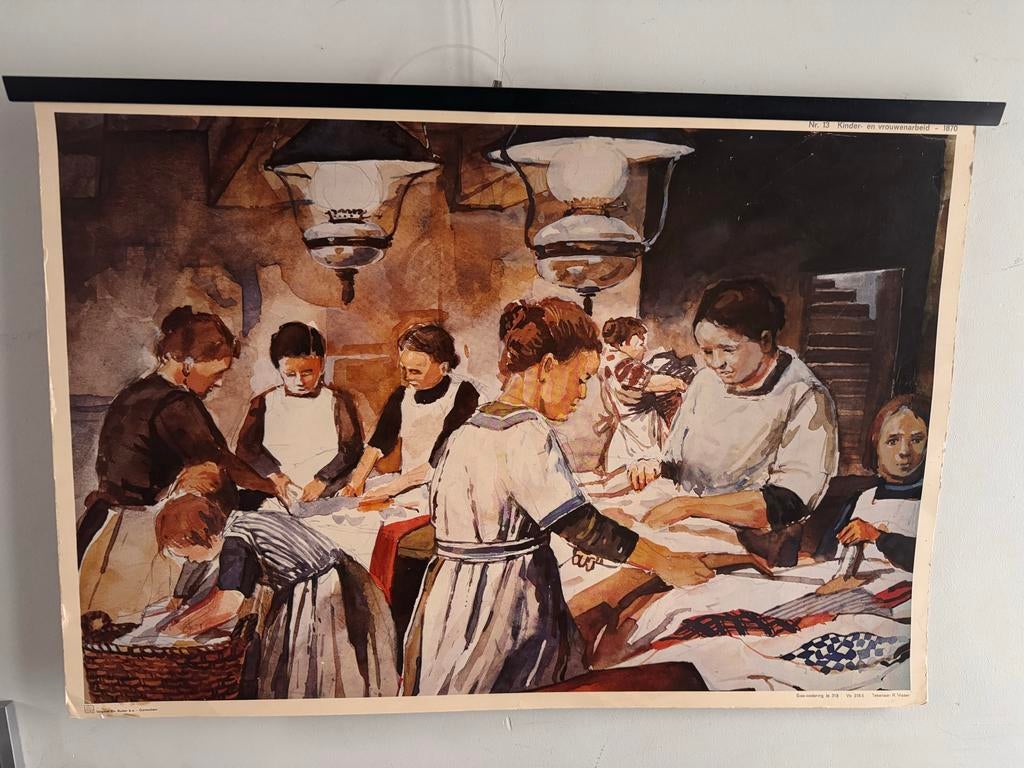 Historische schoolplaat Kinder- en vrouwenarbeid - R. Visser, Antiek en Kunst, Antiek | Schoolplaten, Ophalen of Verzenden, Geschiedenis
