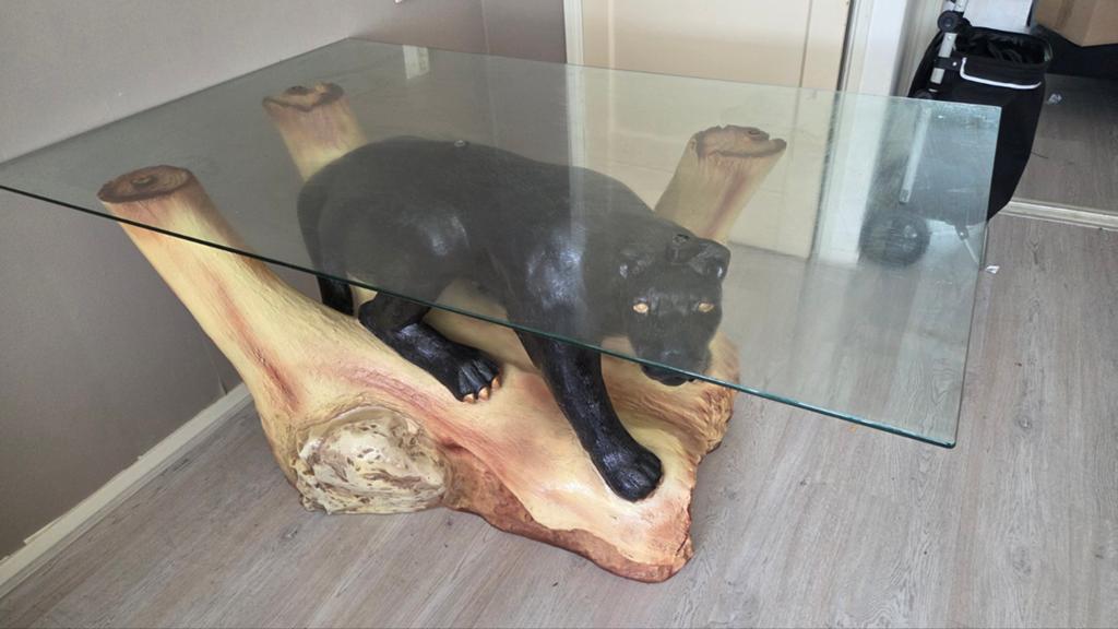 Unieke glazen eettafel met panter onderstel, Ophalen, Gebruikt, Glas, Modern, Uniek, Dierenprint