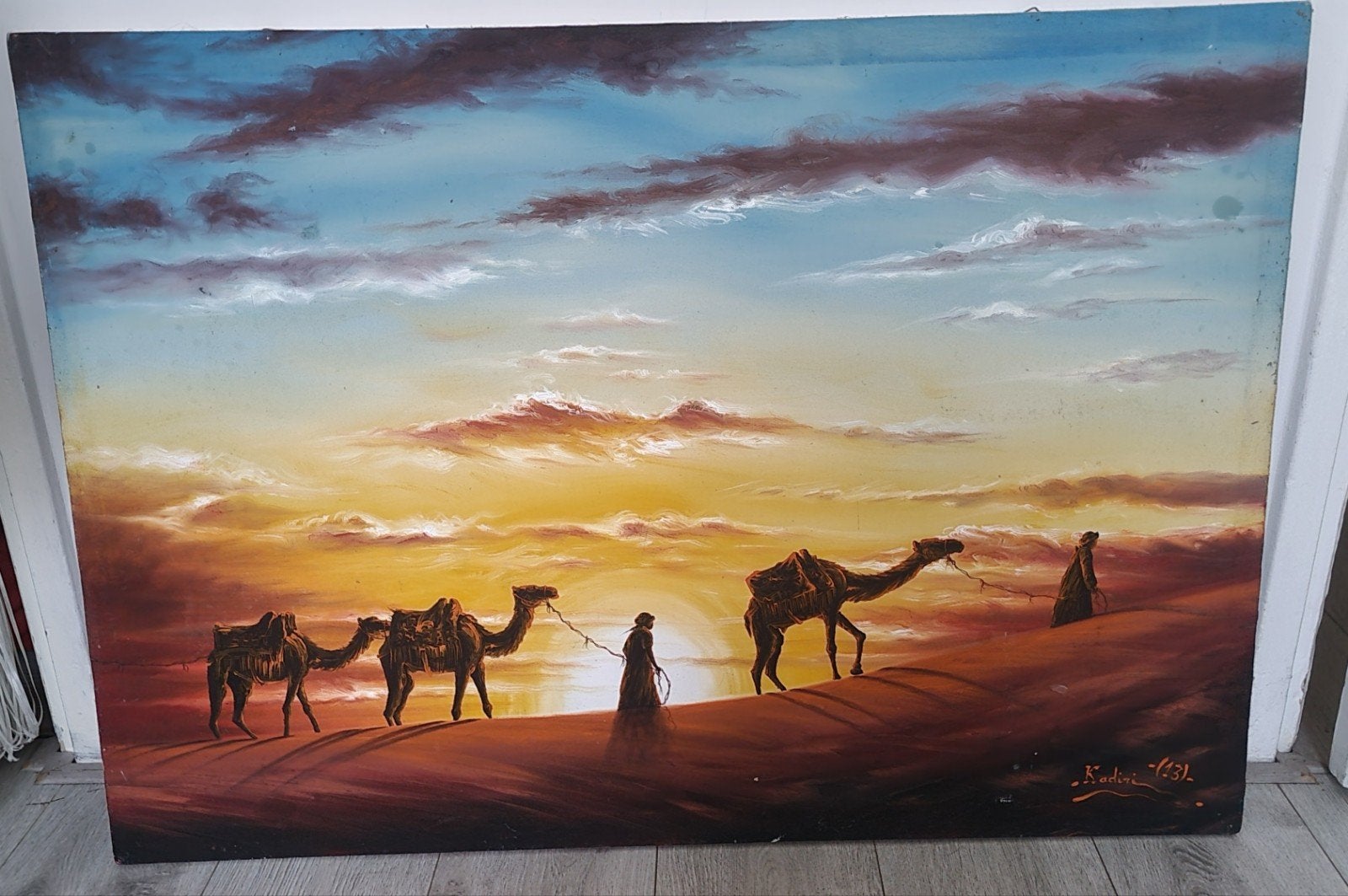 Marokkaans woestijnschilderij met kamelen – 69 x 98 cm, Ophalen