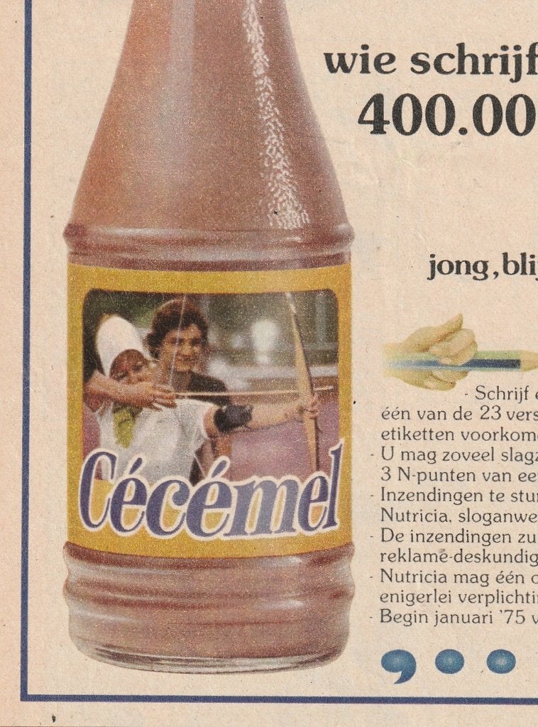 Retro reclame 1972 Nutricia Cécémel flesje boogschieters, Verzamelen, Verzenden, Overige typen