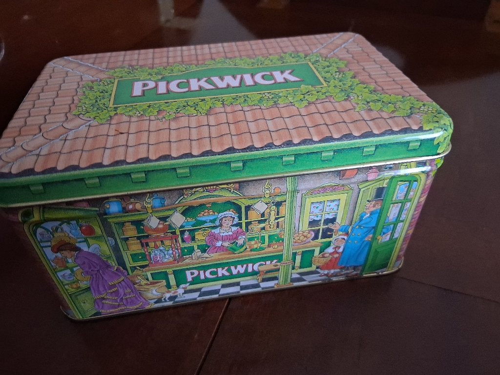 Douwe Egberts blikken trommel Pickwick house cottage shop, Ophalen of Verzenden, Zo goed als nieuw, Thee, Douwe Egberts