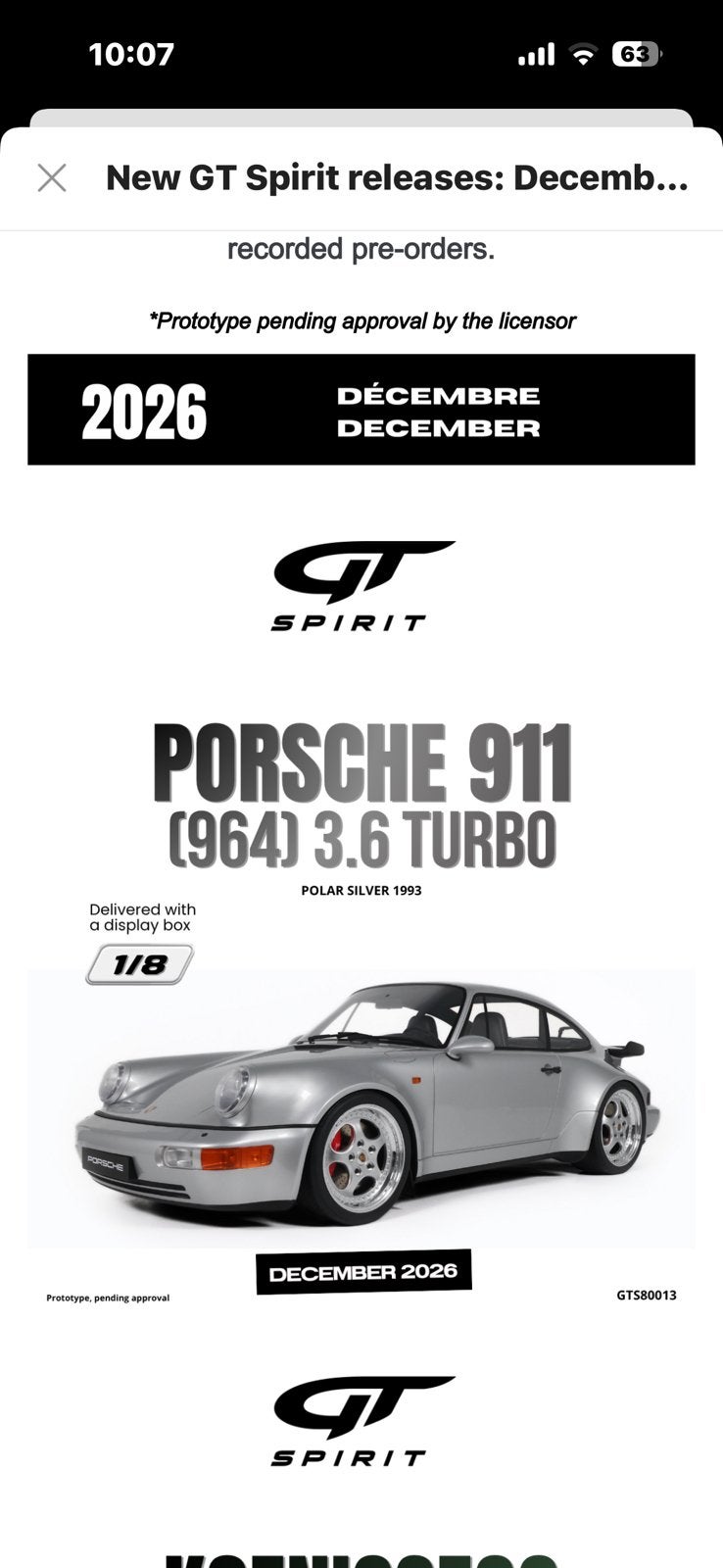 Porsche 911 (964) 3.6 turbo zilver GT Spirit 1:8 NIEUW ! C4F, Hobby en Vrije tijd, Modelauto's | 1:5 tot 1:12, Nieuw, Auto, Ophalen