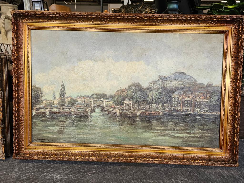Schilderij: Amsterdamse Haven Hotel - Olieverf op doek
