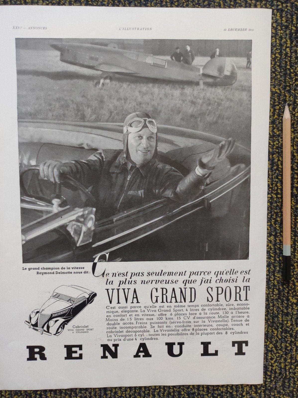 Renault Viva Grand Sport advertentie uit 1936, Ophalen of Verzenden, Gebruikt, Auto's