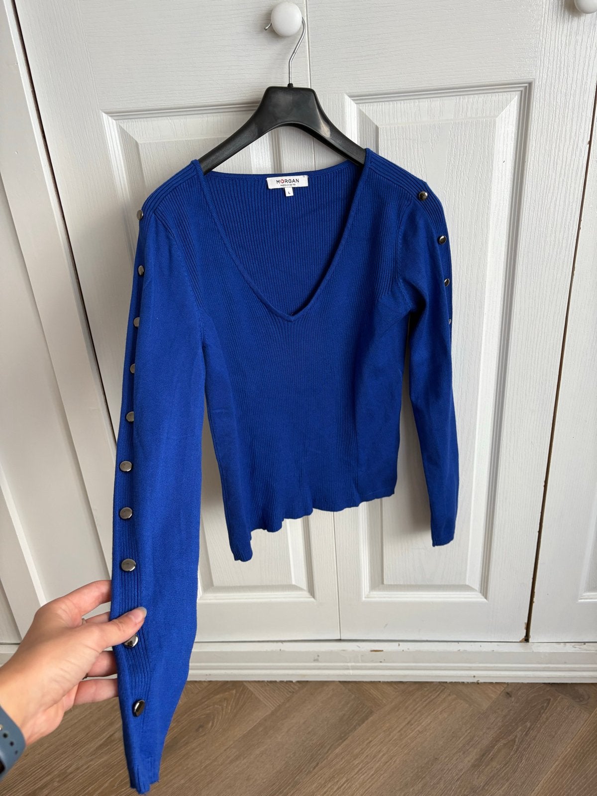 Morgan blauwe geribbelde trui met knoopdetails, Kleding | Dames, Verzenden, Zo goed als nieuw, Maat 42/44 (L), Blauw