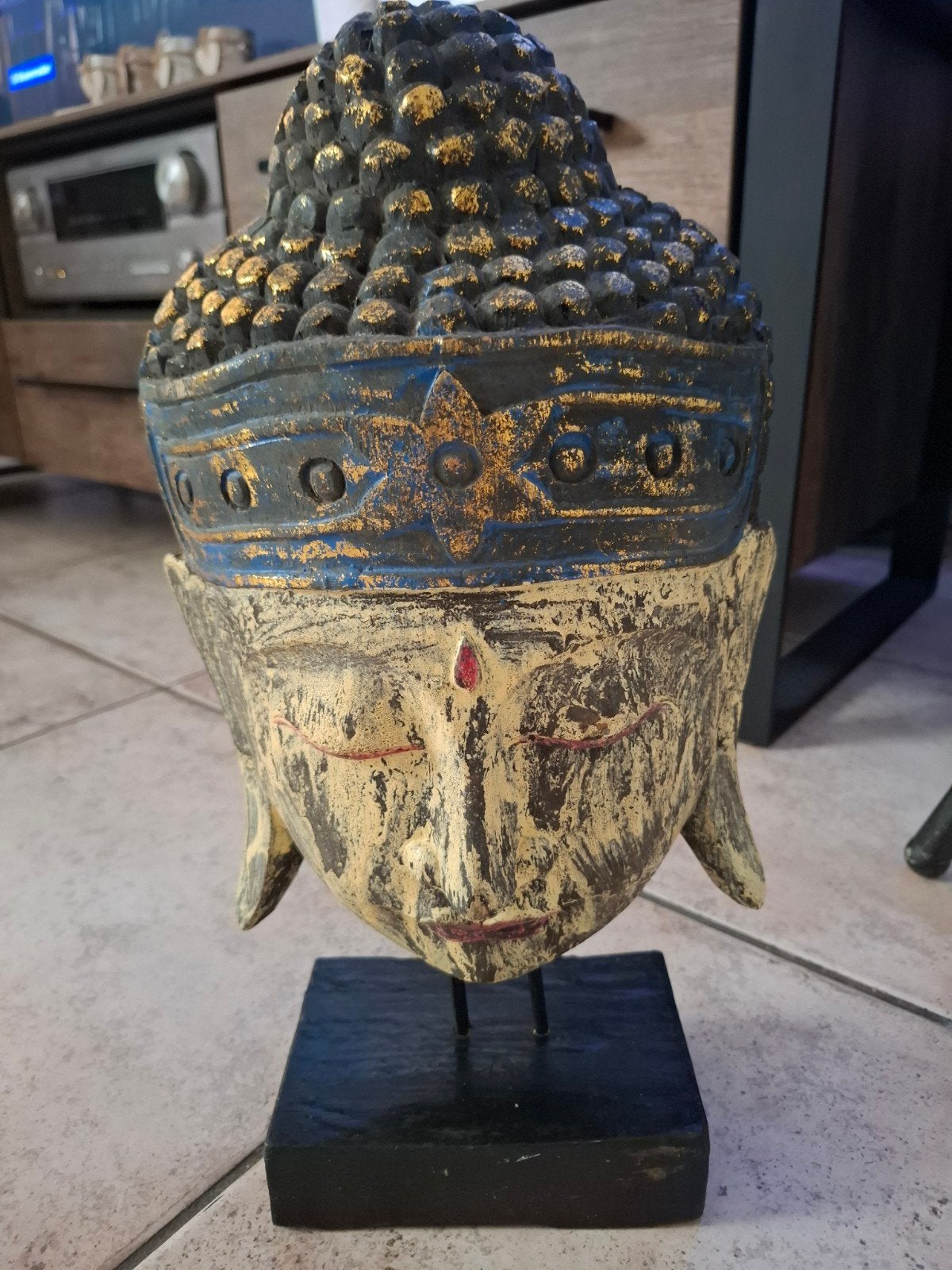 Houten Boeddha Buste - Handgesneden en Beschilderd, Overige onderwerpen, Buste, Ophalen of Verzenden, 20 - 50 cm