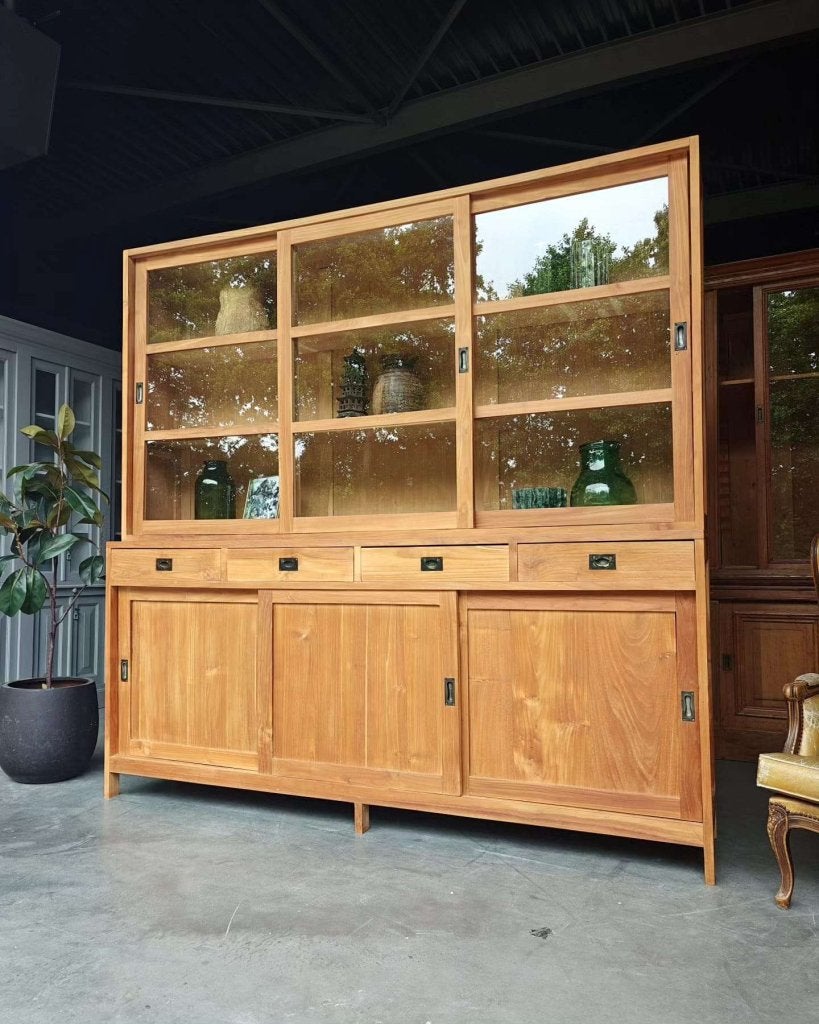 Grote teakhouten schoolkast | strakke buffetkast teak #4754, Huis en Inrichting, Kasten | Buffetkasten, Met deur(en), -, 200 cm of meer