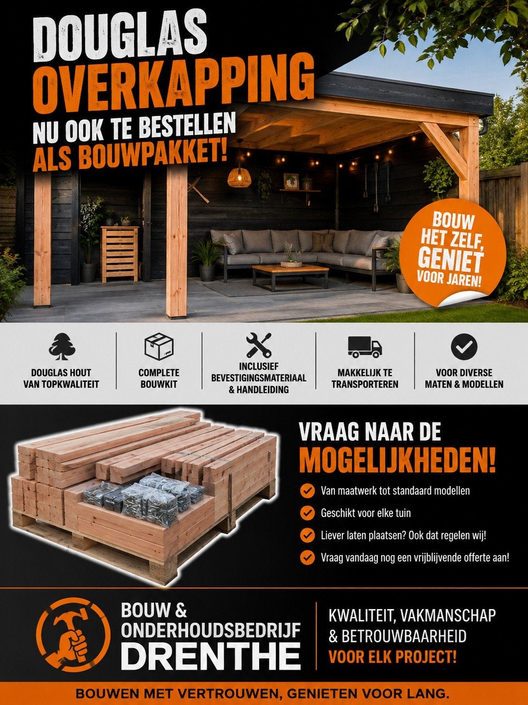 Douglas maatwerk pergola, berging, overkapping, veranda