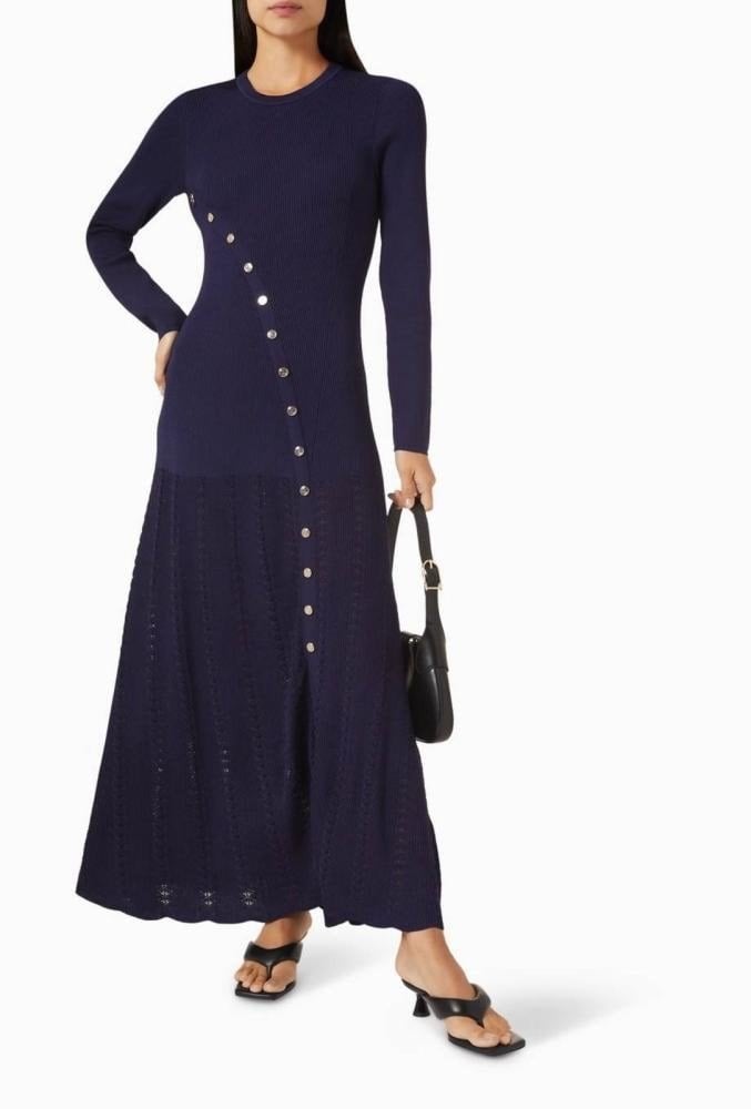 Sandro marineblauwe gebreide jurk met knoopdetails S/XS, Blauw, Sandro, Ophalen of Verzenden, Zo goed als nieuw