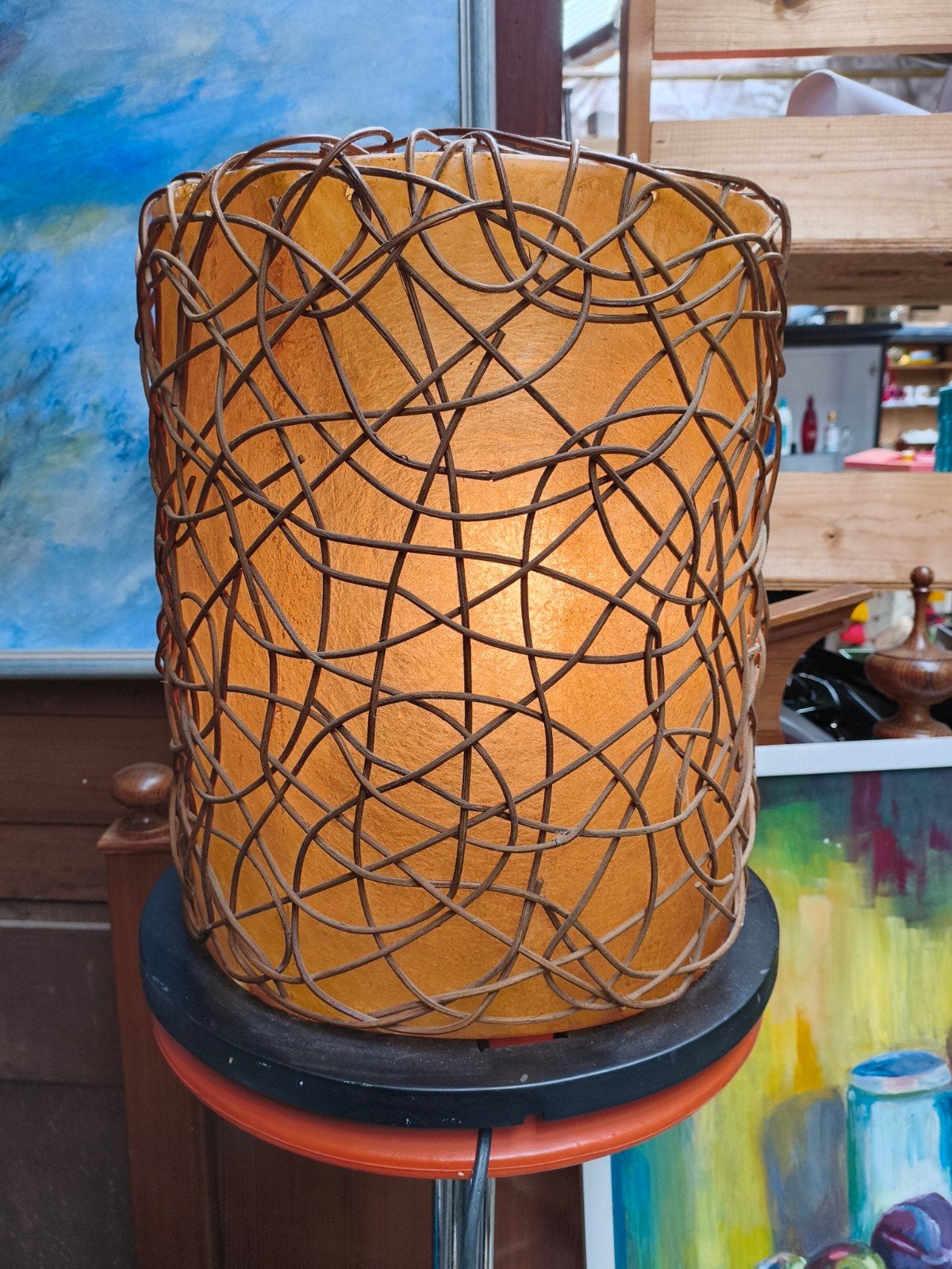 Mid Century Design lamp rotan, Tafellamp, Natuurlijk materiaal, Rond, Ophalen of Verzenden