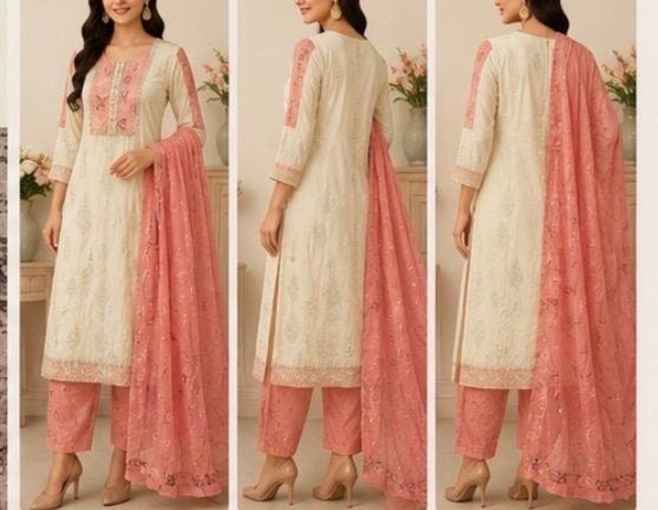Elegante Kurta set met broek en dupatta, Kleding | Dames, Maat 38/40 (M), Beige, Nieuw, Ophalen of Verzenden