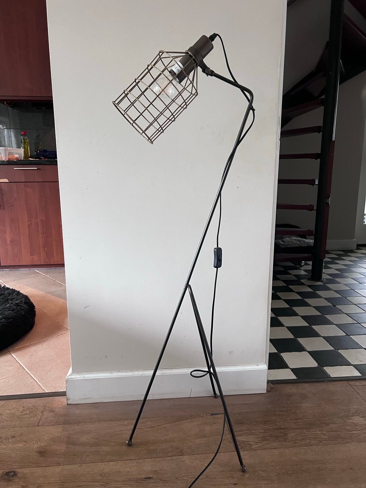 Industriële Vloerlamp met Draadkooi - Brons, Huis en Inrichting, Ophalen, Gebruikt, E27 (groot), Metaal