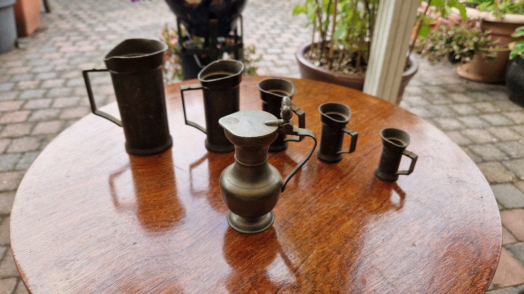 5 antieke tinnen maatbekers 1 eikeltjes kan, Antiek en Kunst, Ophalen of Verzenden