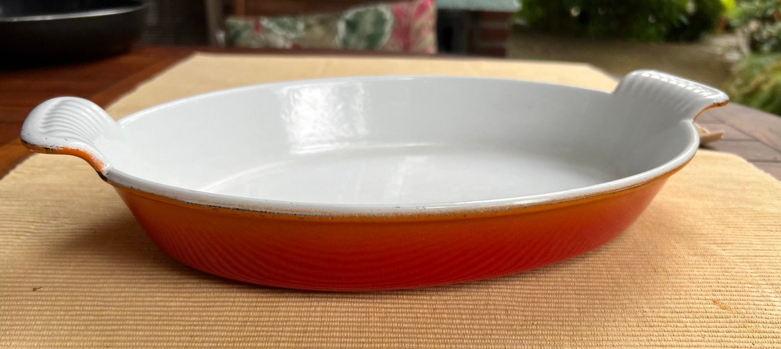 t.k.Le Creuset ovenschotel gietijzer 30cm VINTAGE INDUCTIE, Ophalen of Verzenden, Gebruikt, Gietijzer