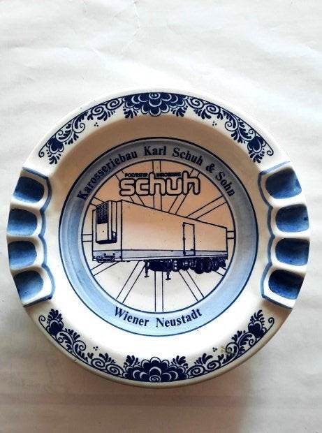 Vintage Delfts Blauwe Reclame-asbak – Schuh Karosseriebau, Ophalen of Verzenden