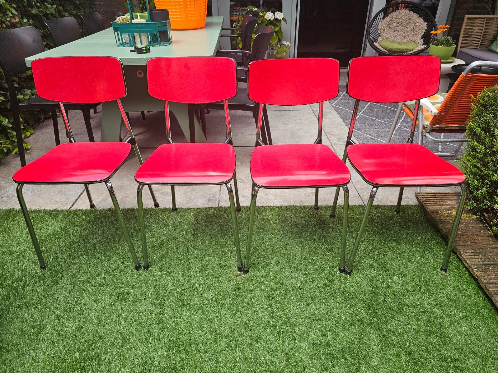 Set van 4 vintage rode stoelen - Jaren '60 stijl, Huis en Inrichting, Stoelen, Ophalen, Gebruikt, Overige materialen, Vier