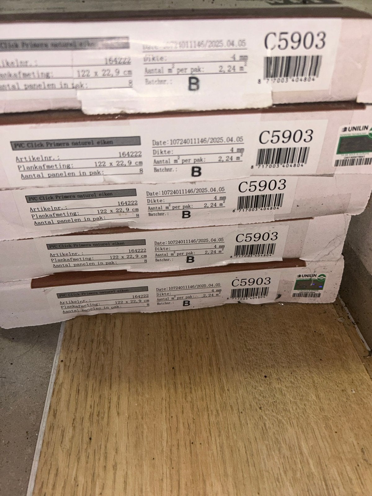 5 nieuwe pakken click pvc naturel eiken, Ophalen, Kunststof, 50 tot 150 cm, Zo goed als nieuw