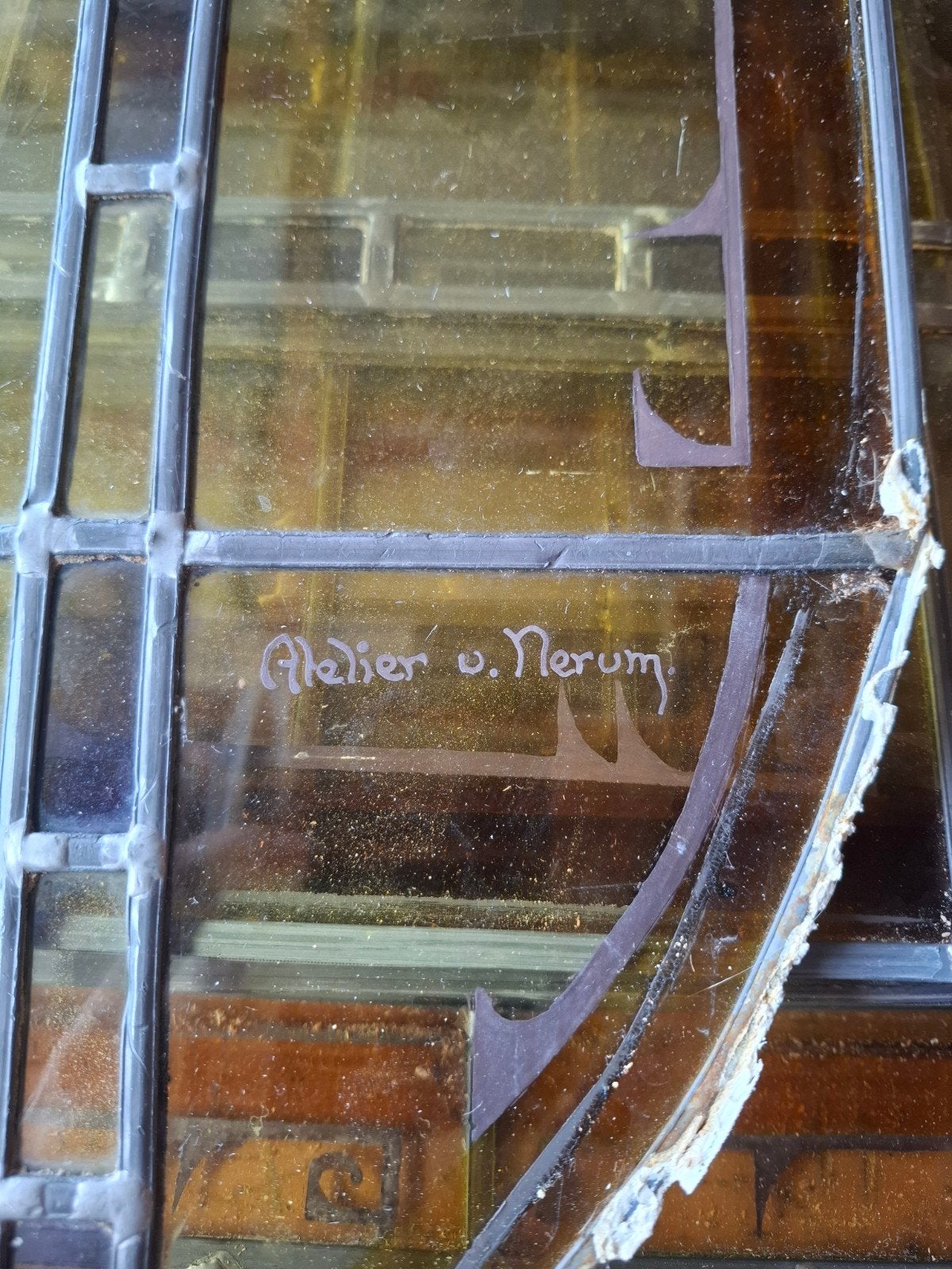 tekoop antiek handgetrokken glas in lood door v Nerum Rott, Antiek en Kunst, Ophalen, Rechthoekig