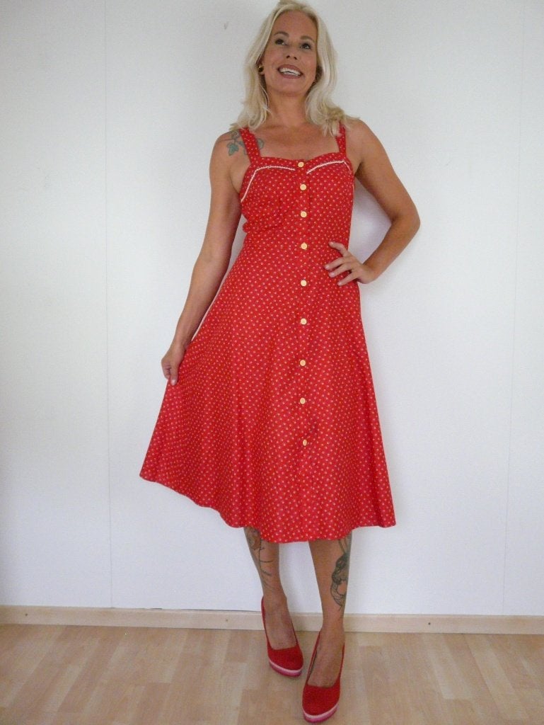 *Abfab Vintage Rode Katoenen 70's Doorknoop Jurk 38*, Kleding | Dames, Jurken, Zo goed als nieuw, Maat 38/40 (M), Rood, Knielengte
