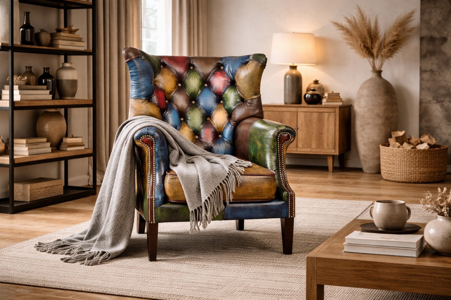 CHESTERFIELD HARLEQUIN PATCHWORK MULTICOLOR FAUTEUIL LEER, Ophalen of Verzenden, Nieuw, 75 tot 100 cm