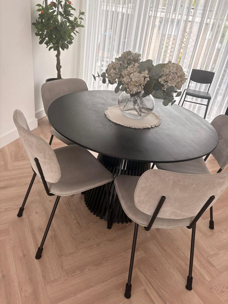 Ronde eettafel (120 cm) met 5 ribstof eetstoelen greige, Gebruikt, 100 tot 150 cm, Rond, Ophalen of Verzenden